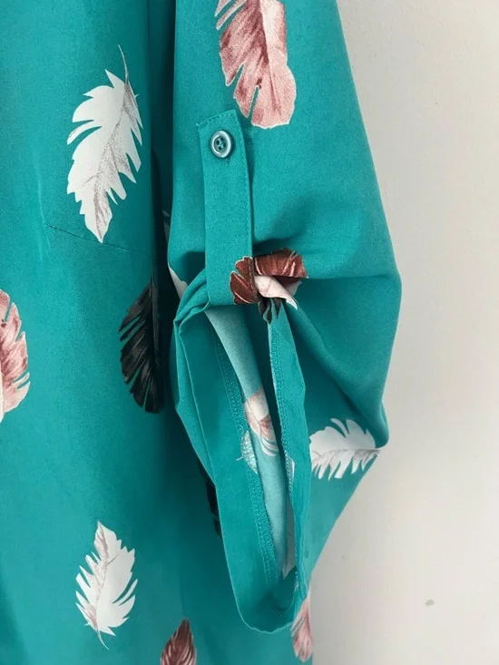 SHEIN Teal Feather-Print V-Neck Roll-Tab Tunic - Picture 3 of 4